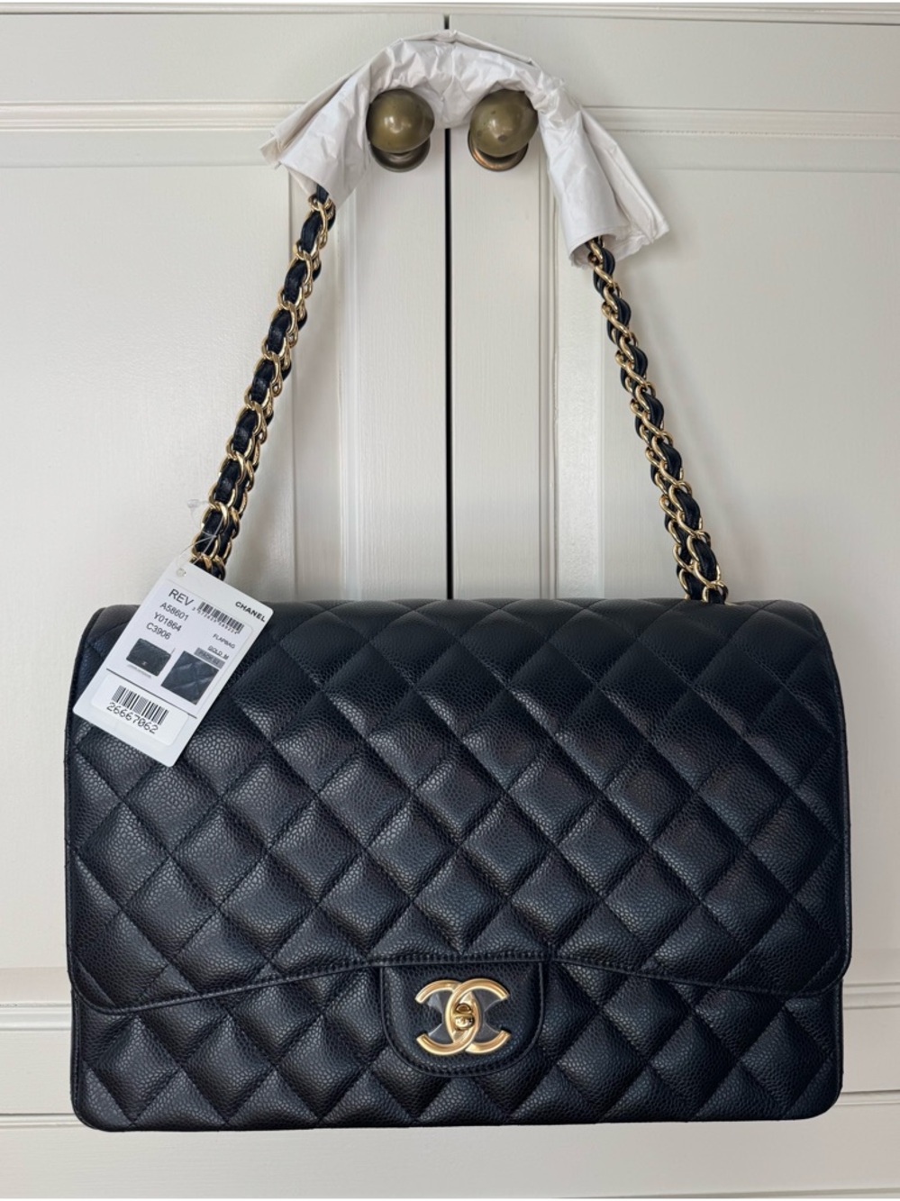NWT CHANEL Maxi Black Quilted Leather Shoulder Bag with Gold Hardware